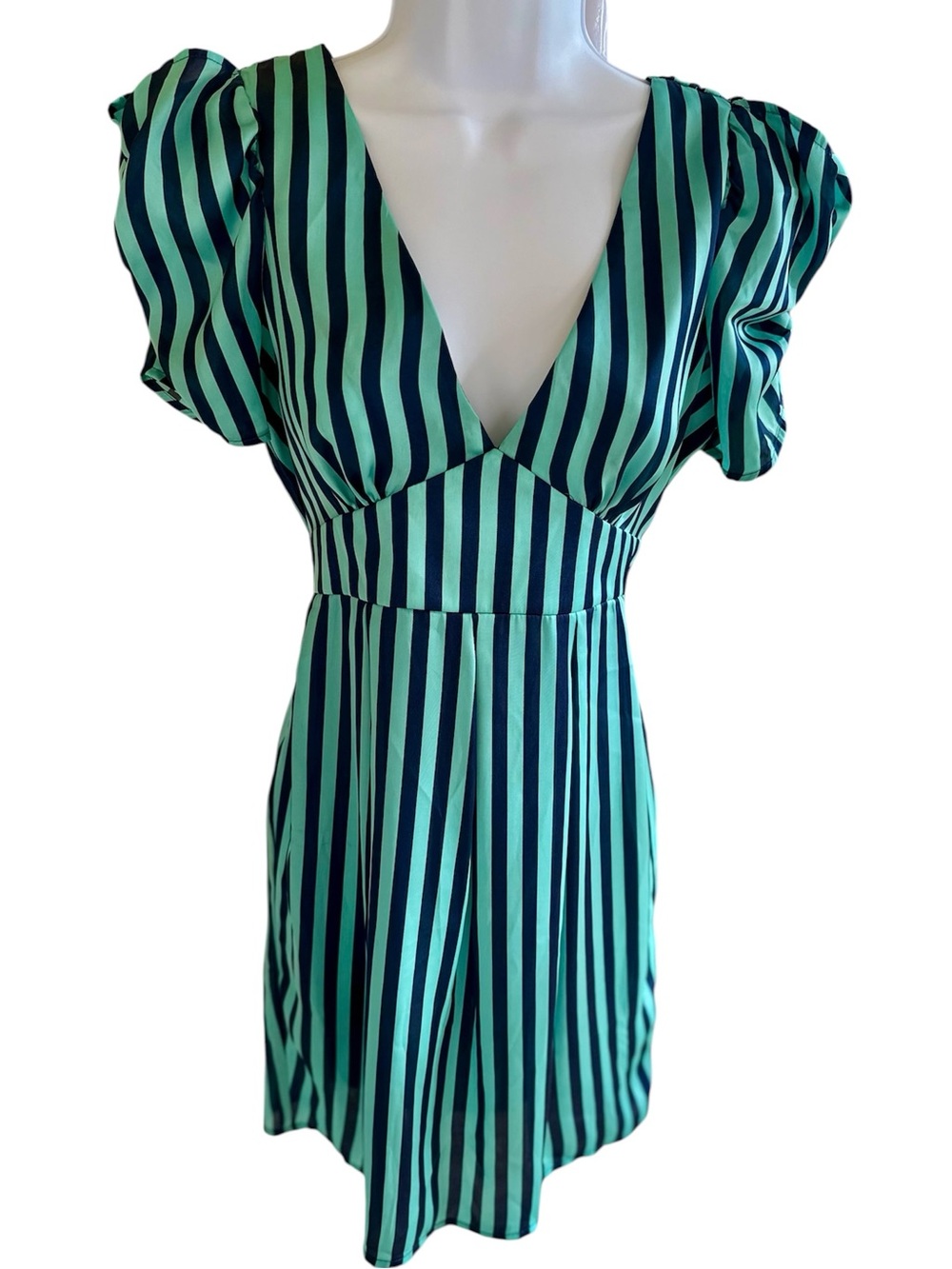 Heritage 1981 Turquoise and Navy Vertical Stripe Puff Sleeve Mini Dress - S